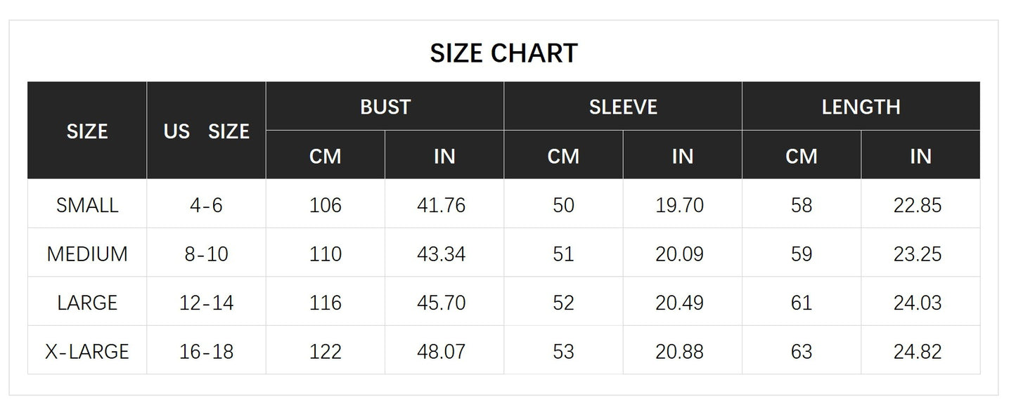 Women's size chart for bust, sleeve, and length in cm and inches for Small to X-Large