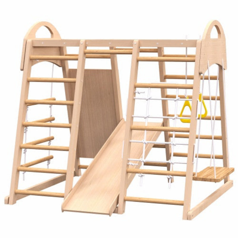 MontessoriMotion Gym™ – 7-in-1 Indoor Wooden Jungle Gym for Toddlers with Slide, Swing & Monkey Bars