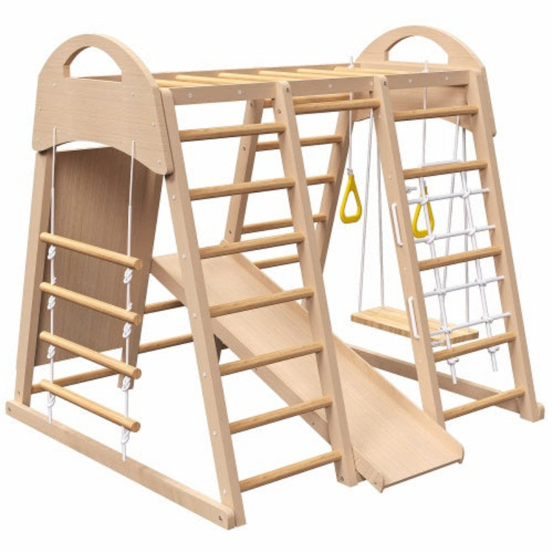 MontessoriMotion Gym™ – 7-in-1 Indoor Wooden Jungle Gym for Toddlers with Slide, Swing & Monkey Bars