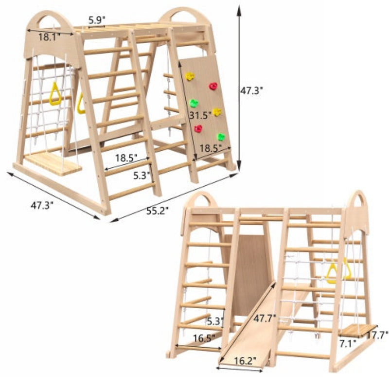 MontessoriMotion Gym™ – 7-in-1 Indoor Wooden Jungle Gym for Toddlers with Slide, Swing & Monkey Bars
