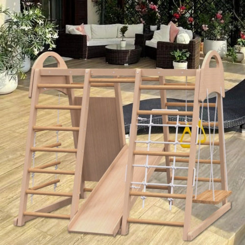 MontessoriMotion Gym™ – 7-in-1 Indoor Wooden Jungle Gym for Toddlers with Slide, Swing & Monkey Bars