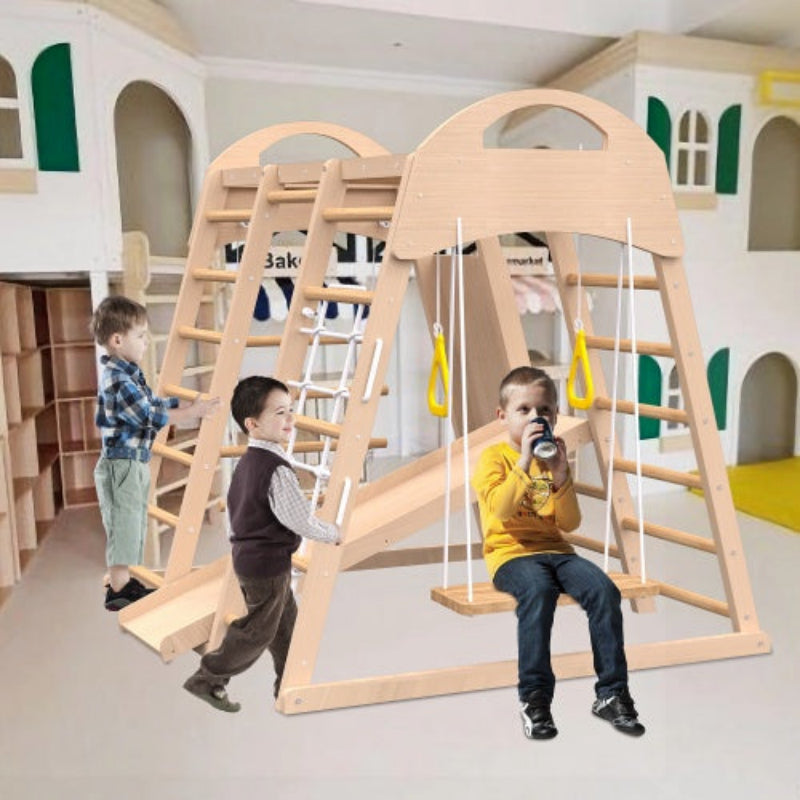 MontessoriMotion Gym™ – 7-in-1 Indoor Wooden Jungle Gym for Toddlers with Slide, Swing & Monkey Bars