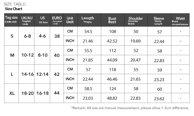 Size chart table showing measurements for S, M, L, XL in UK/AU, US, EURO with length, bust, shoulder, sleeve in cm and inches