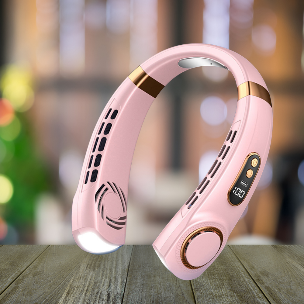 Pink portable wearable cooling fan with smart screen and multiple speed settings, perfect for summer heat