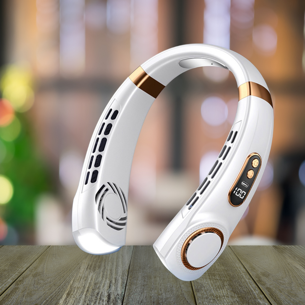 White wearable neck fan with gold accents, featuring LED display and 360° cooling vents