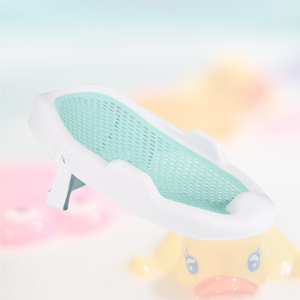 Green Baby Bath Support Cushion – non-slip adjustable design for newborns, shown in bathtub with comfortable padded support