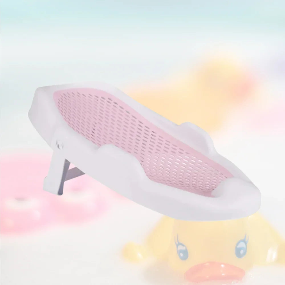 Anti-Slip Adjustable Baby Bath Support in Pink – ergonomic newborn bath cushion with soft mesh and head support in bathtub setting