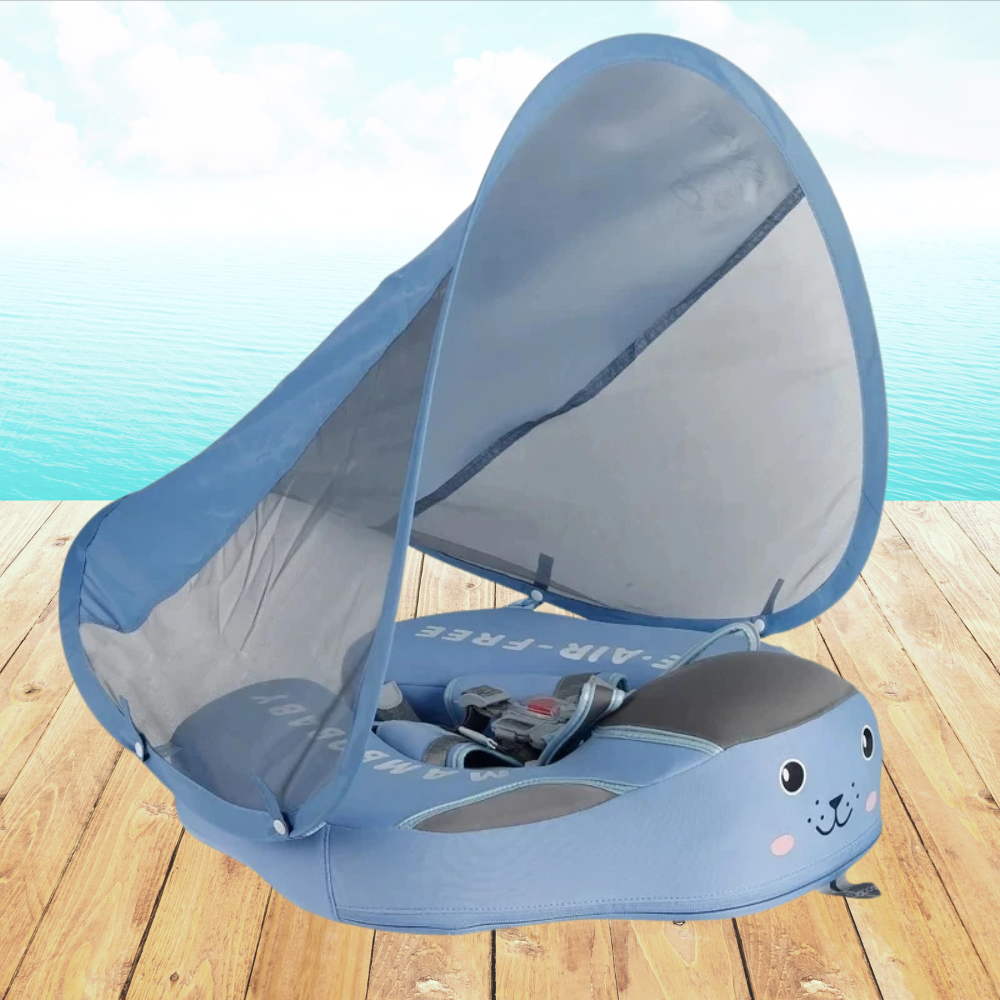 Blue non-inflatable baby swim float with adjustable harness and sunshade canopy – ideal for infants and toddlers
