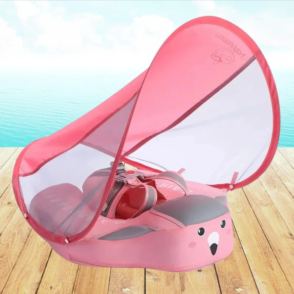 Pink baby swim float with leak-proof safety design and UV-protective sunshade – perfect for pool days with infants