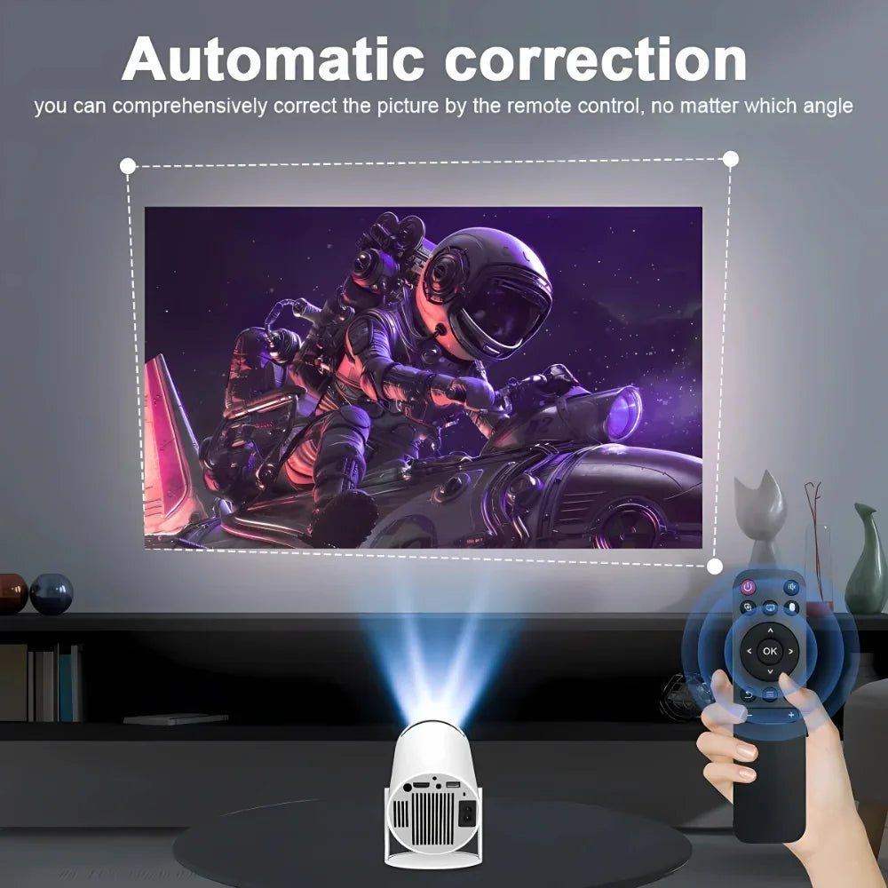 White home projector projecting astronaut sci-fi image on wall with remote control in hand