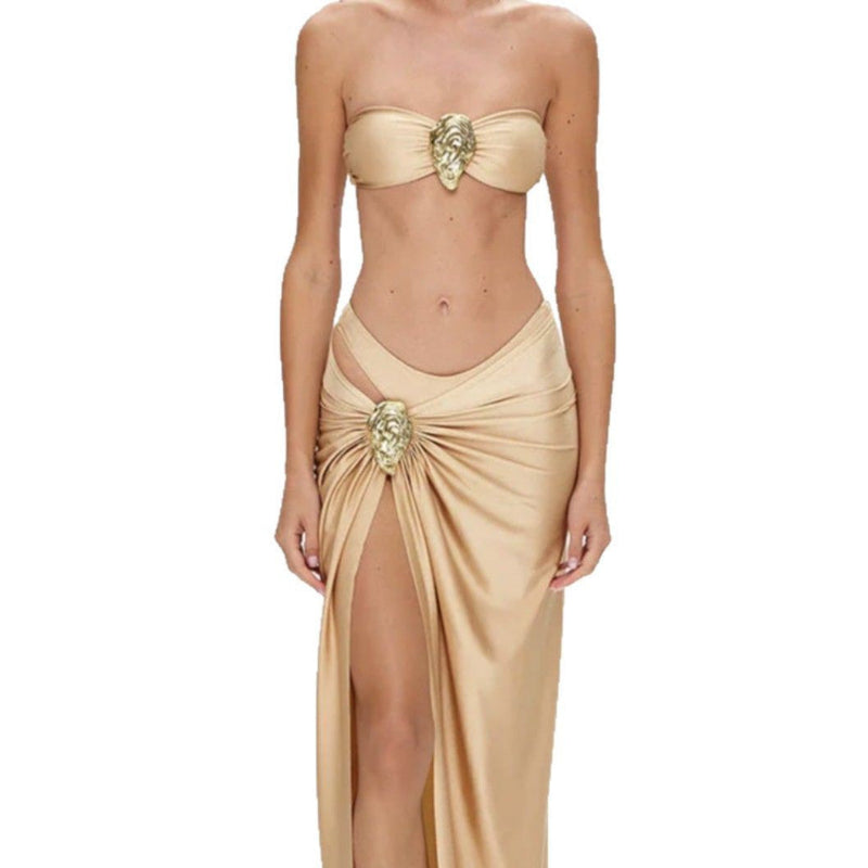 SatinSculptâ„¢ - Glamorous Halter Bikini & Drape Skirt Set