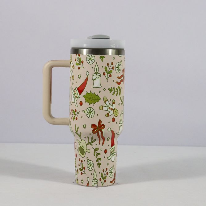 Travel mug with Christmas-themed design on a light gray background
