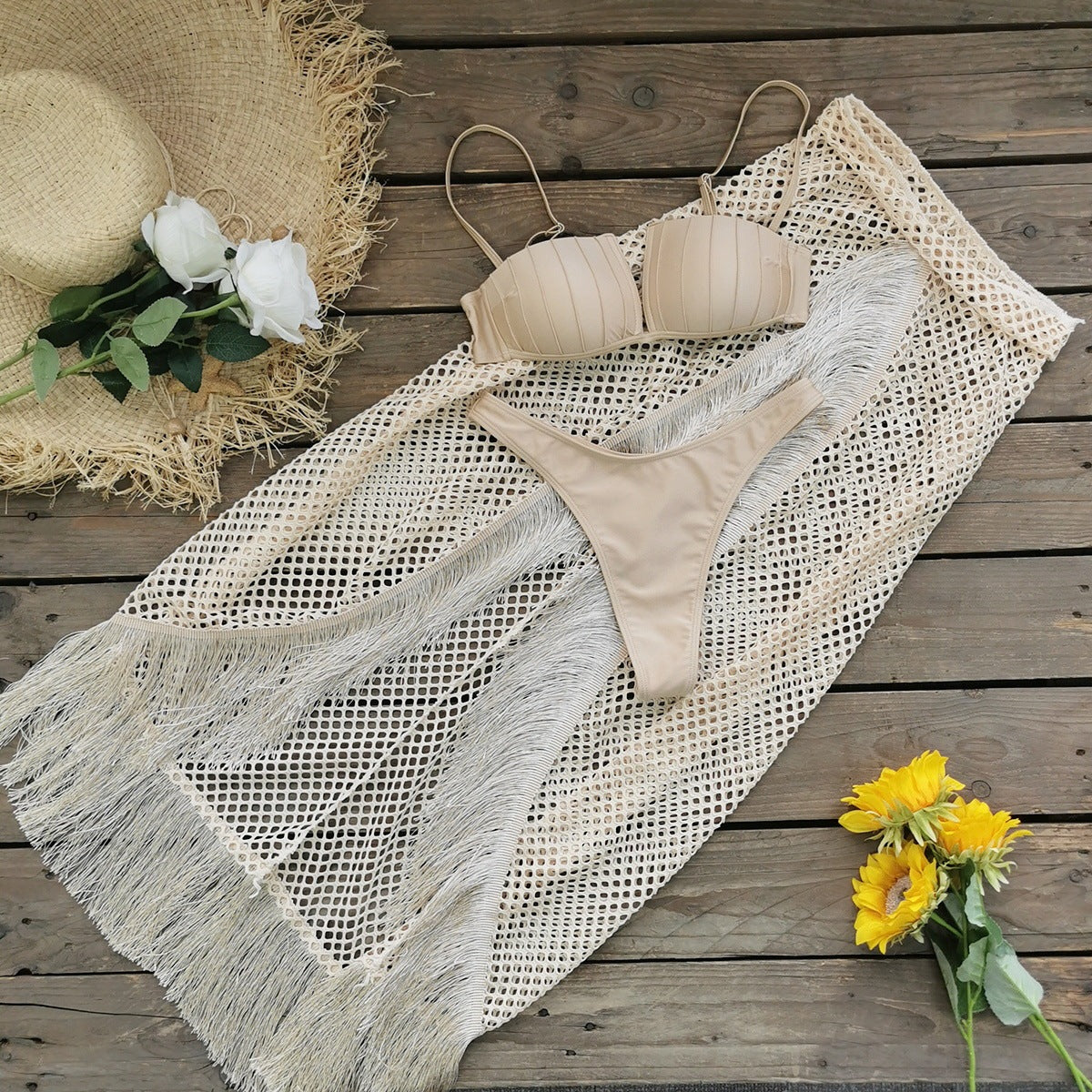 CoastalCharmâ„¢ - Elegant Bikini & Fringe Wrap Skirt Set