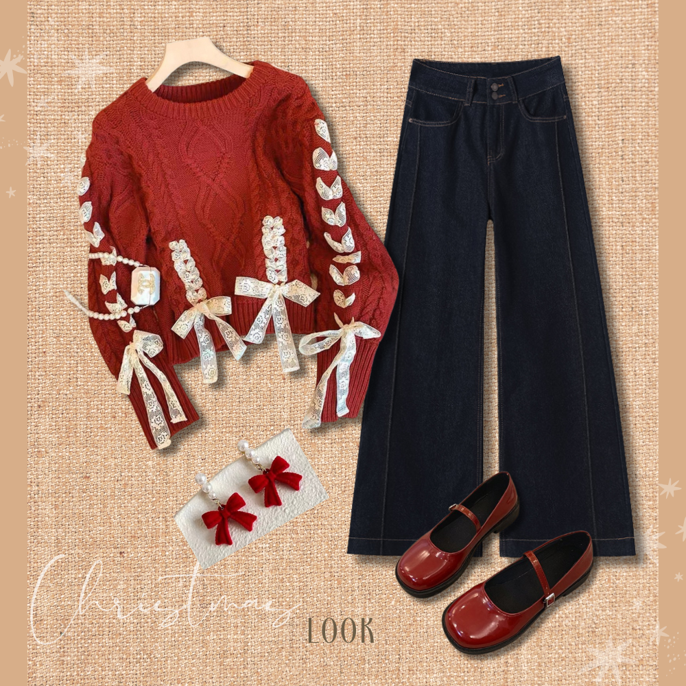 Red sweater with white lace details, dark blue jeans, red shoes, and decorative bows on a textured beige background.