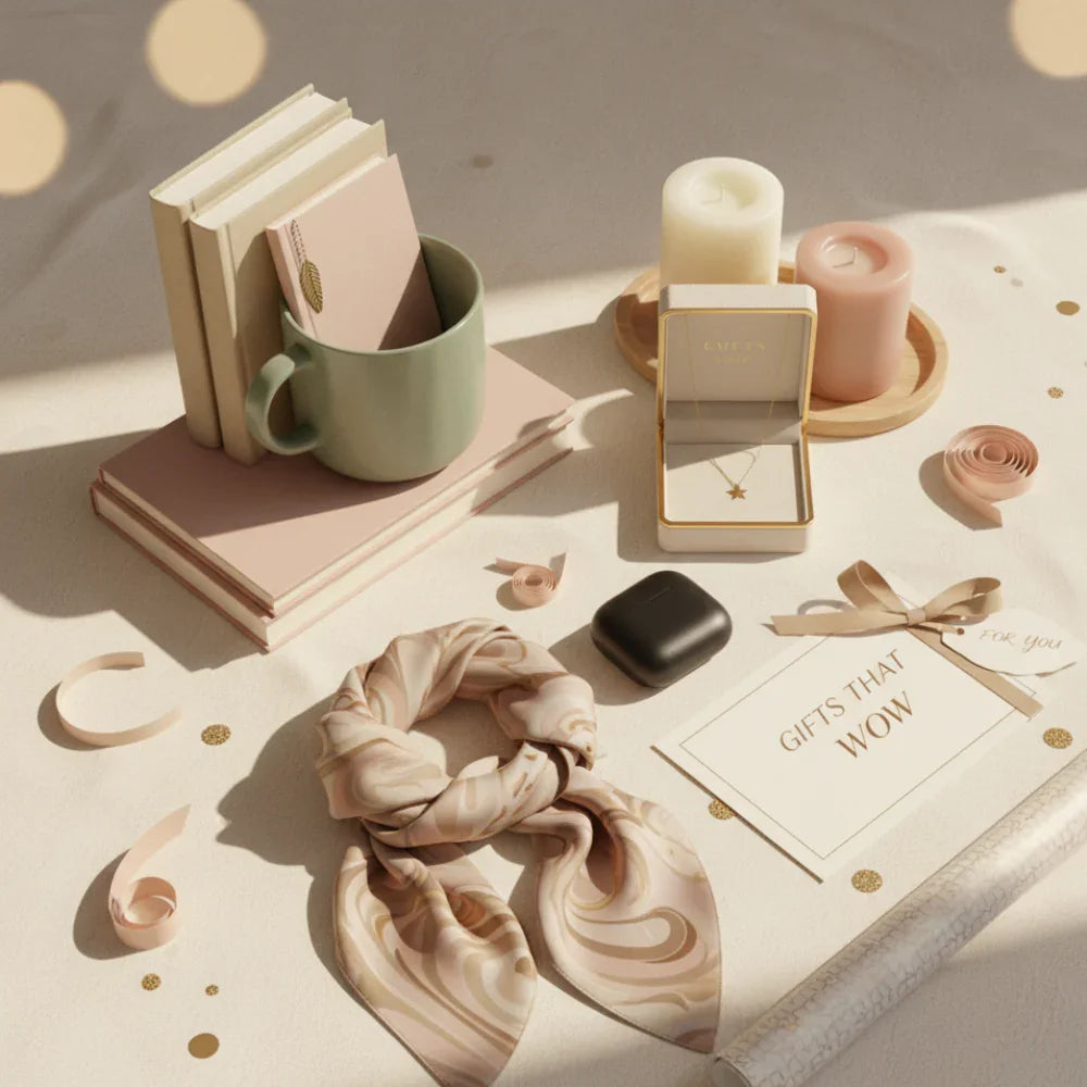 Stylish gift setup with pink scarf, gold star necklace, candles, books, and gift card on neutral surface