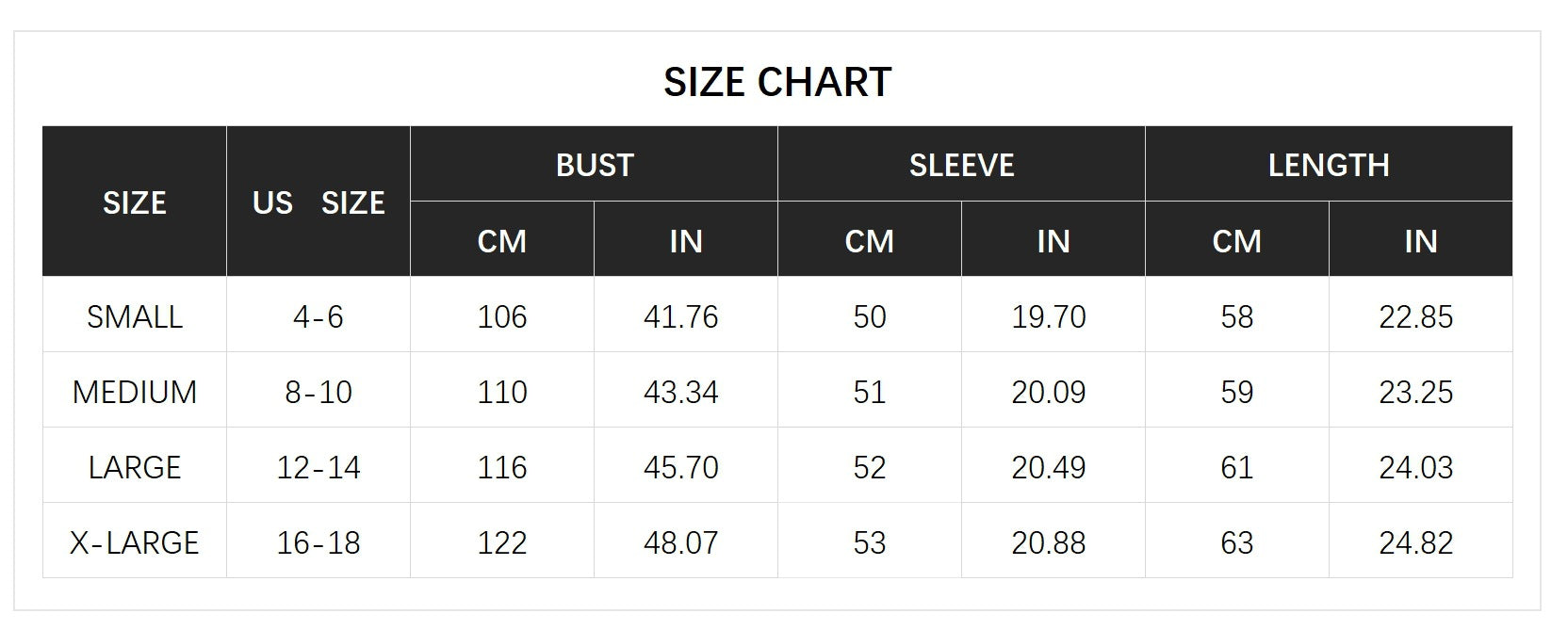 Women's size chart for bust, sleeve, and length in cm and inches for Small to X-Large