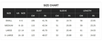 Women's size chart for bust, sleeve, and length in cm and inches for Small to X-Large