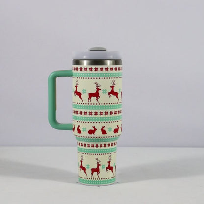 Travel mug with reindeer pattern on a white background