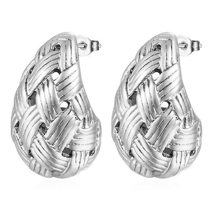 Pair of silver woven teardrop stud earrings with textured crisscross design