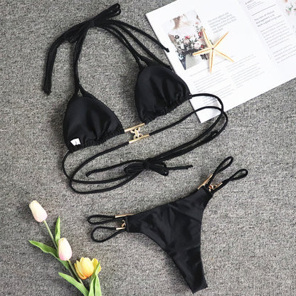 CrystalGleam™ – Crystal Charm Bikini with Double Side Straps