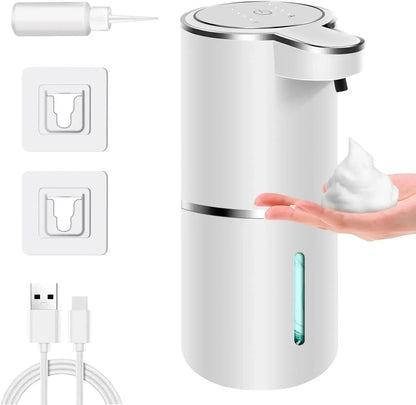 white automatic foam soap dispenser with USB cable, wall mounts, and hand dispensing foam