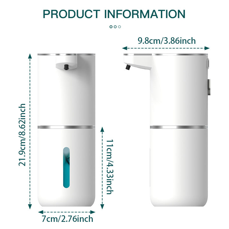 White automatic soap dispenser with dimensions 21.9cm height, 9.8cm depth, 7cm width, and 11cm pump section