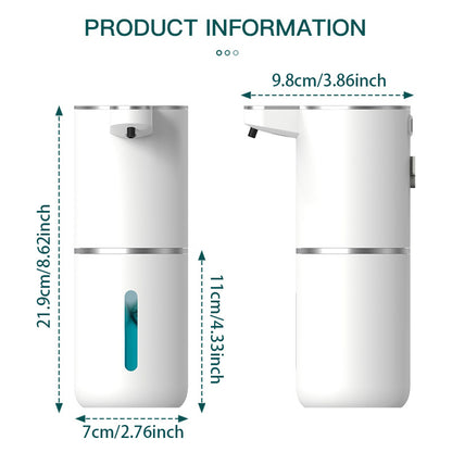 White automatic soap dispenser with dimensions 21.9cm height, 9.8cm depth, 7cm width, and 11cm pump section