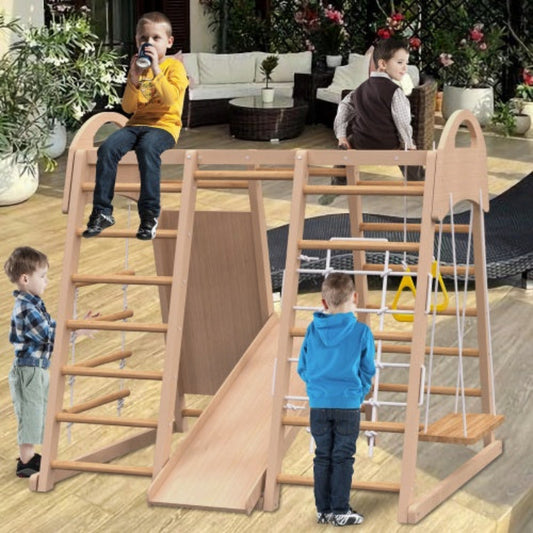 MontessoriMotion Gym™ – 7-in-1 Indoor Wooden Jungle Gym for Toddlers with Slide, Swing & Monkey Bars