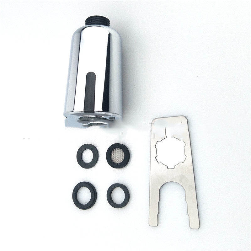 Chrome faucet aerator with black rubber washers, metal mesh filter, and installation tool on white background