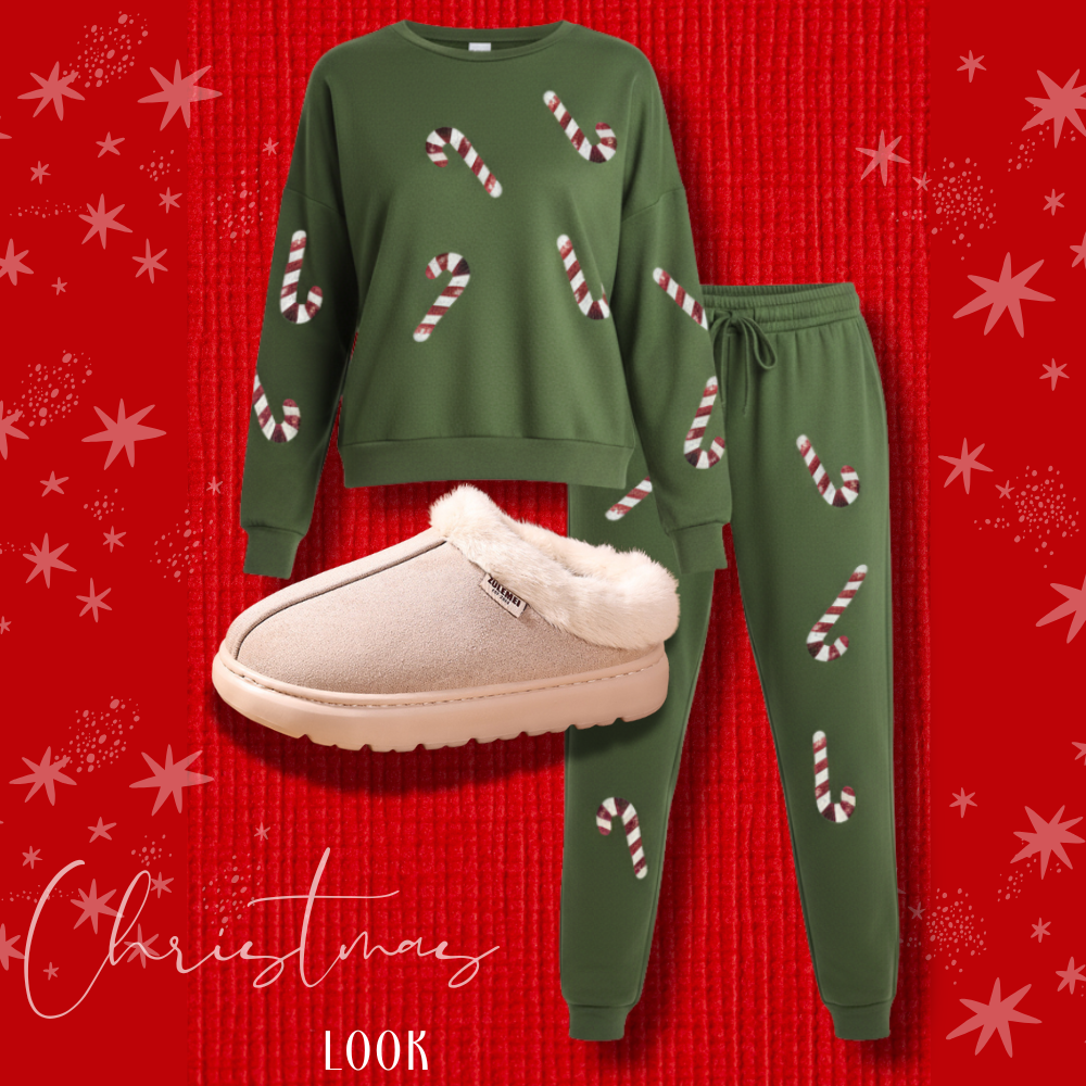 Green Christmas-themed sweatshirt and pants with candy cane patterns on a red background.