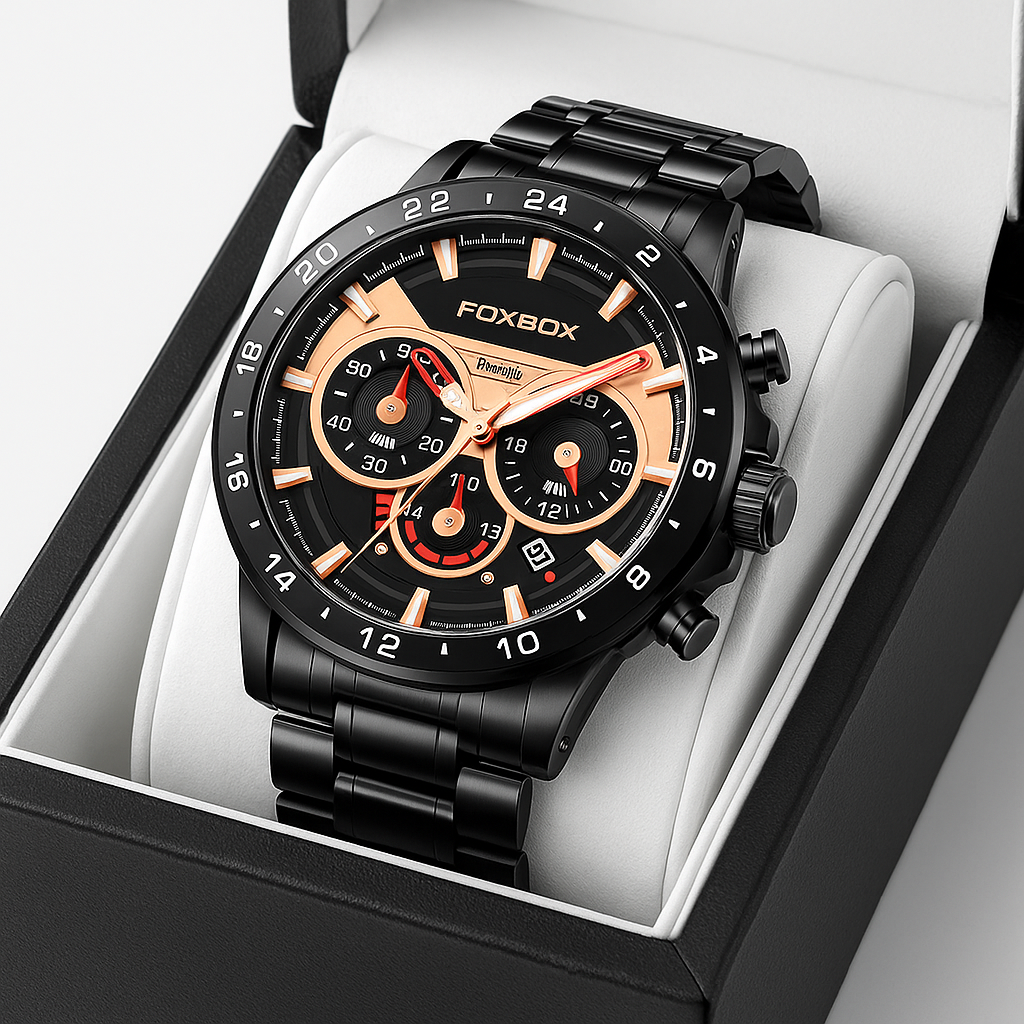 Luxury FOXBOX black and gold chronograph watch with metal band in black presentation box