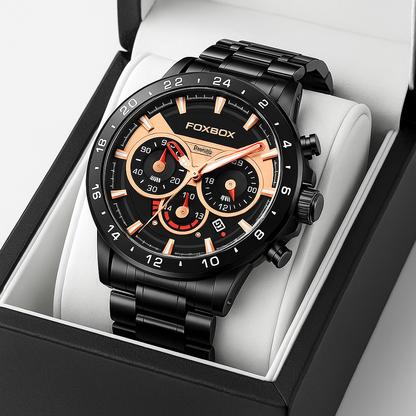 Luxury FOXBOX black and gold chronograph watch with metal band in black presentation box