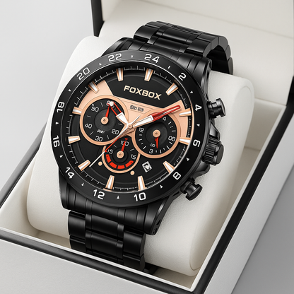 FOXBOX luxury black chronograph watch with rose gold accents in white display box