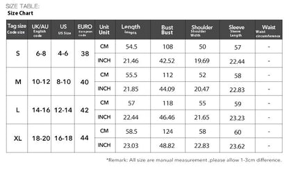 Size chart table showing measurements for S, M, L, XL in UK/AU, US, EURO with length, bust, shoulder, sleeve in cm and inches