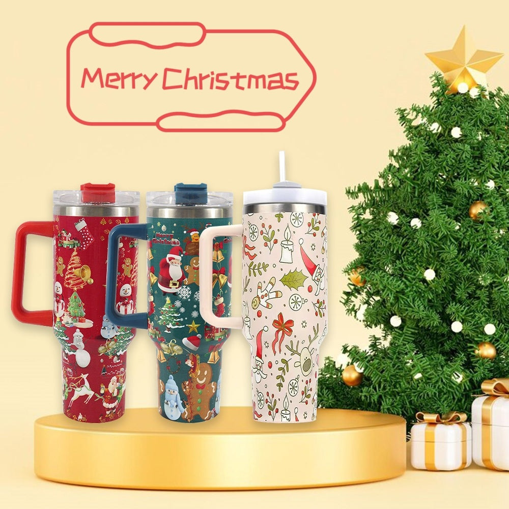 Set of Christmas-themed tumblers with a decorated tree and presents on a yellow background.