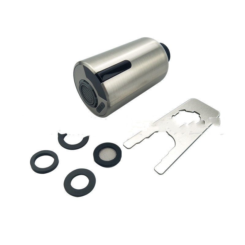 Stainless steel kitchen faucet spray head with black buttons, four rubber washers, and a metal installation tool on white background