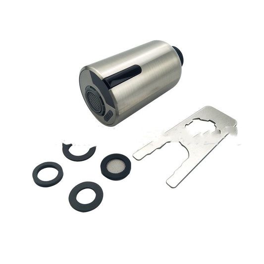 Stainless steel kitchen faucet spray head with black buttons, four rubber washers, and a metal installation tool on white background