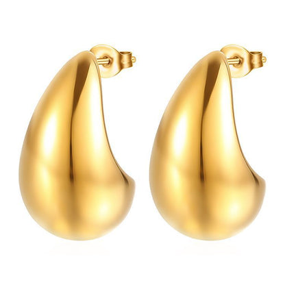 Pair of polished gold hoop earrings with a smooth, teardrop shape and stud backings
