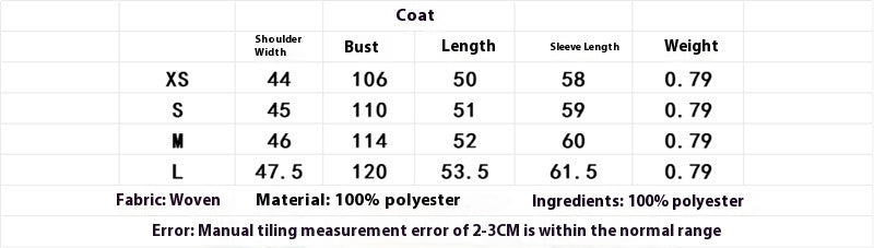 Size chart for woven 100% polyester coat with shoulder width, bust, length, sleeve length, and weight details