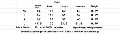 Size chart for woven 100% polyester coat with shoulder width, bust, length, sleeve length, and weight details