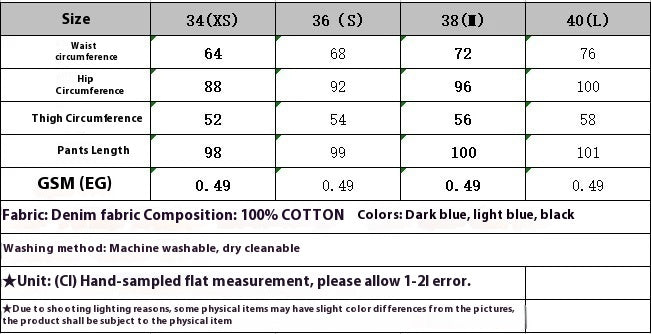 Denim fabric size chart for pants with waist, hip, thigh circumference, length, 100% cotton