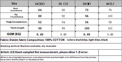 Denim fabric size chart for pants with waist, hip, thigh circumference, length, 100% cotton