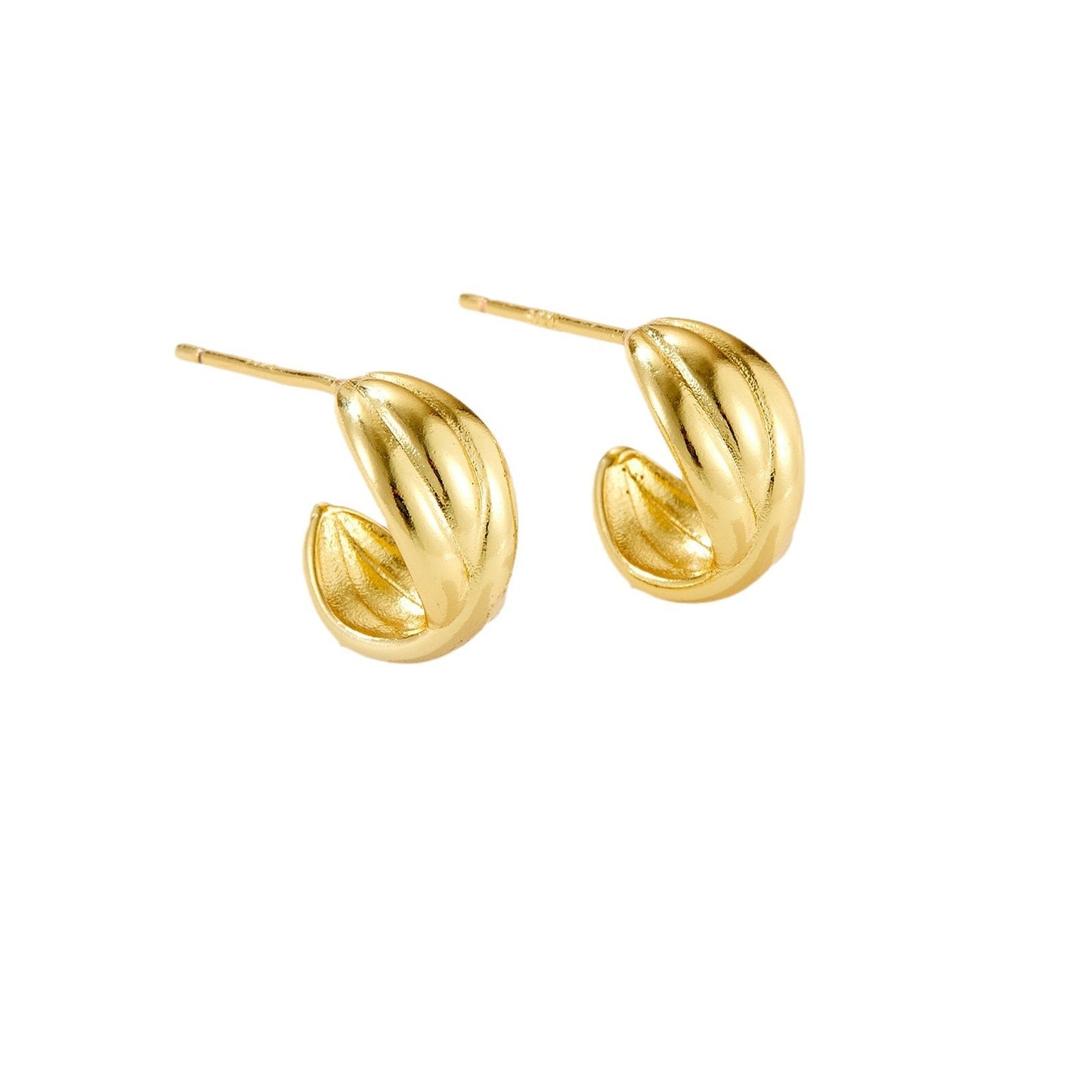 Pair of small polished gold hoop earrings with ridged design on white background