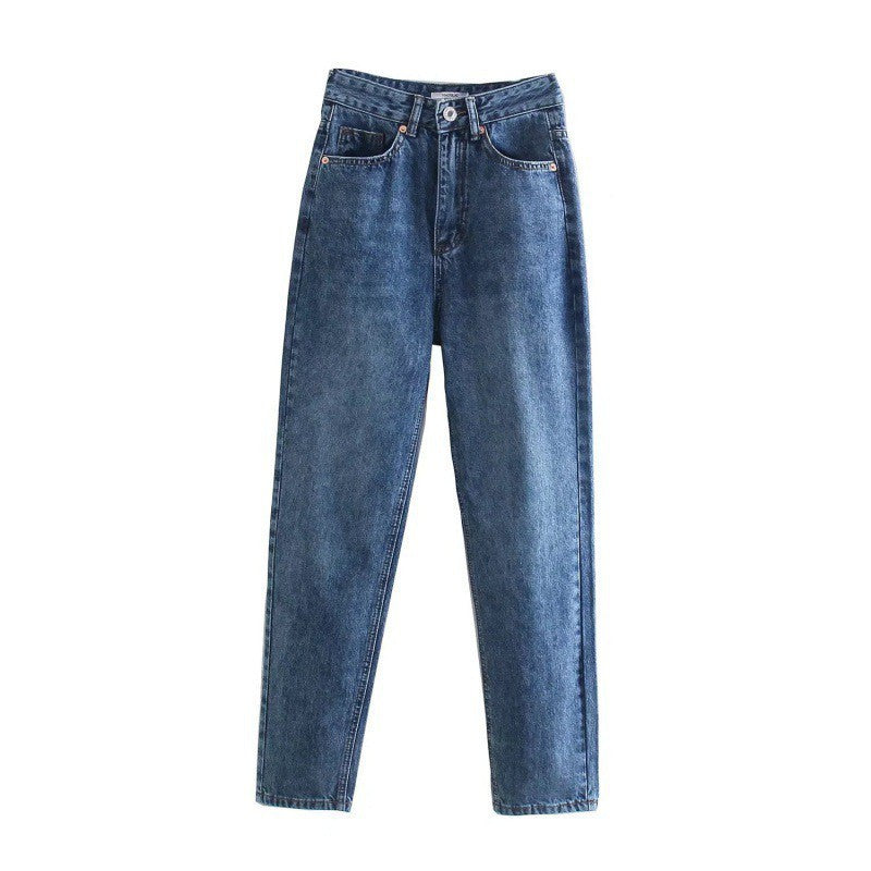 Classic high-waisted blue denim jeans with front pockets and button closure