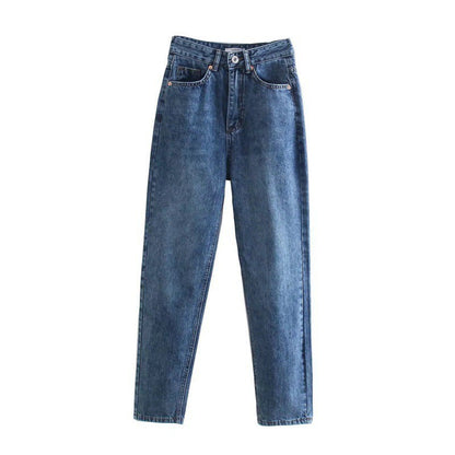 Classic high-waisted blue denim jeans with front pockets and button closure