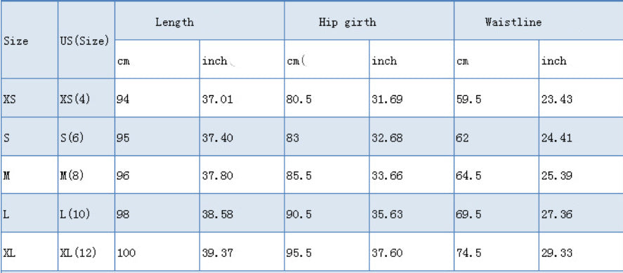 Clothing size chart showing measurements for XS to XL including length, hip girth, and waistline in cm and inches