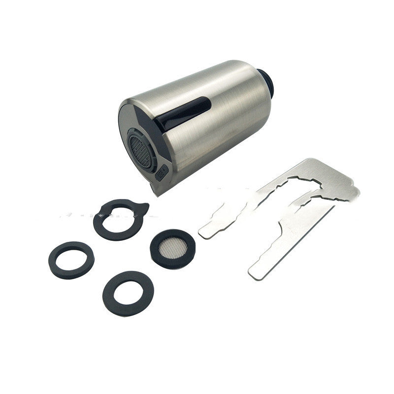 Stainless steel faucet aerator with black rubber washers and two metal installation tools on white background