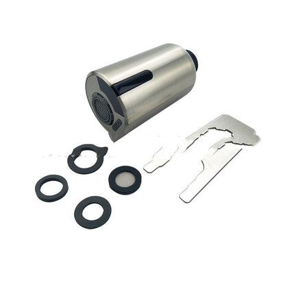 Stainless steel faucet aerator with black rubber washers and two metal installation tools on white background