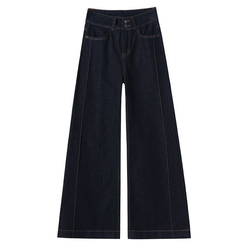 Wide-leg dark blue denim jeans with double button closure and visible stitching