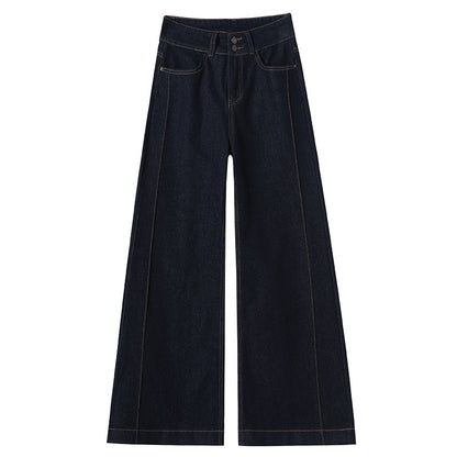 Wide-leg dark blue denim jeans with double button closure and visible stitching
